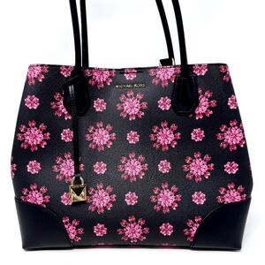 MICHAEL KORS Black/Ultra Pink Floral Mercer Corner Studio Top Zip Tote